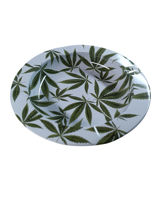 Cendrier Rond Métal Blanc – Feuilles de Cannabis